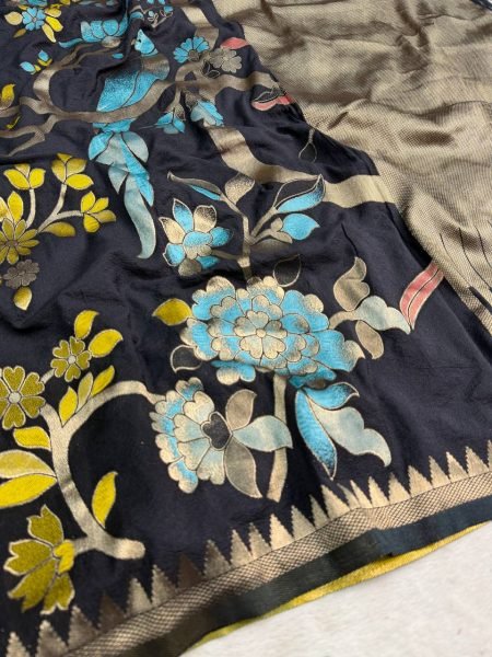 Magnetic Black Hand Dyed Crepe Silk Saree with Fancy Latkans at Manufacturer Price Silk Sarees Wholesale