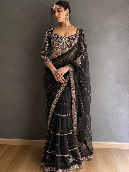 Magnetic Black Premium Embroidered Net Saree with Pearl Work Blouse Sarees 
