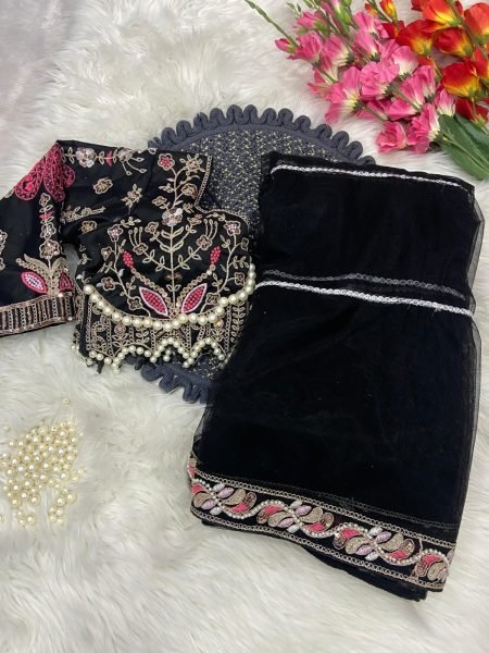 Magnetic Black Premium Embroidered Net Saree with Pearl Work Blouse Designer Wedding Sarees Wholesale