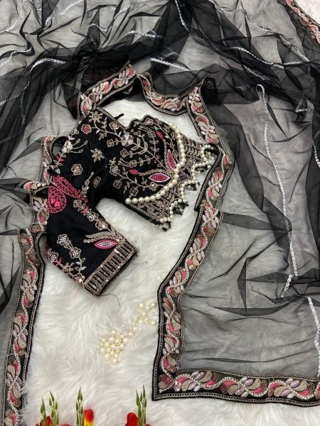 Magnetic Black Premium Embroidered Net Saree with Pearl Work Blouse Designer Wedding Sarees Wholesale