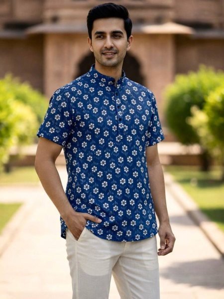 Magnetic Blue Cotton Printed Regular Fit Half Sleeve Casual Shirt for Men 