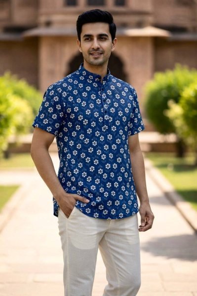 Magnetic Blue Cotton Printed Regular Fit Half Sleeve Casual Shirt for Men Mens Short Kurta