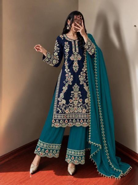 Magnetic Blue Natural Crepe Silk Kurti Plazzo Dupatta Set with Cutwork at Wholesale Rate 
