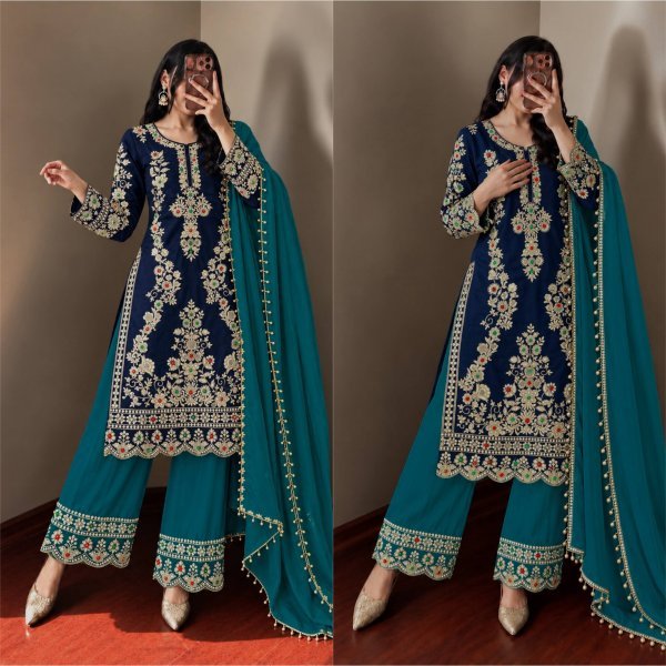 Magnetic Blue Natural Crepe Silk Kurti Plazzo Dupatta Set with Cutwork at Wholesale Rate Ready To Wear Collection