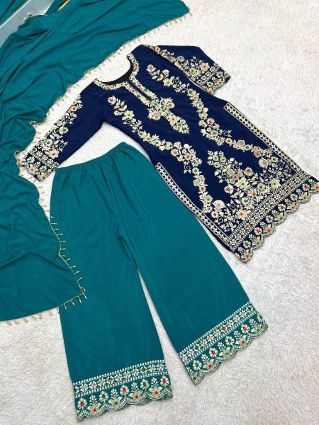 Magnetic Blue Natural Crepe Silk Kurti Plazzo Dupatta Set with Cutwork at Wholesale Rate Ready To Wear Collection