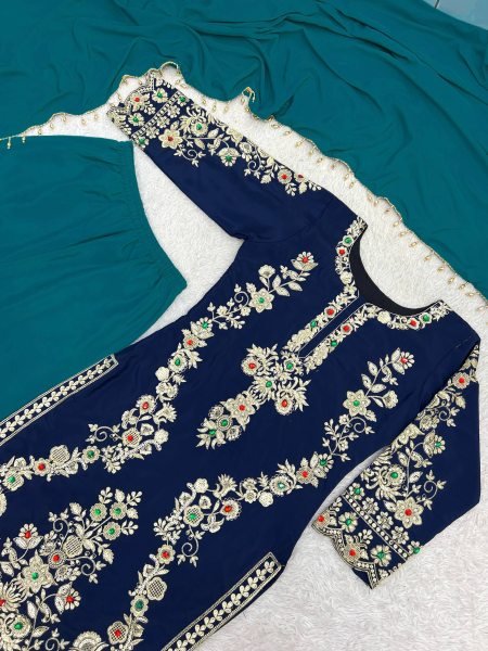 Magnetic Blue Natural Crepe Silk Kurti Plazzo Dupatta Set with Cutwork at Wholesale Rate Ready To Wear Collection