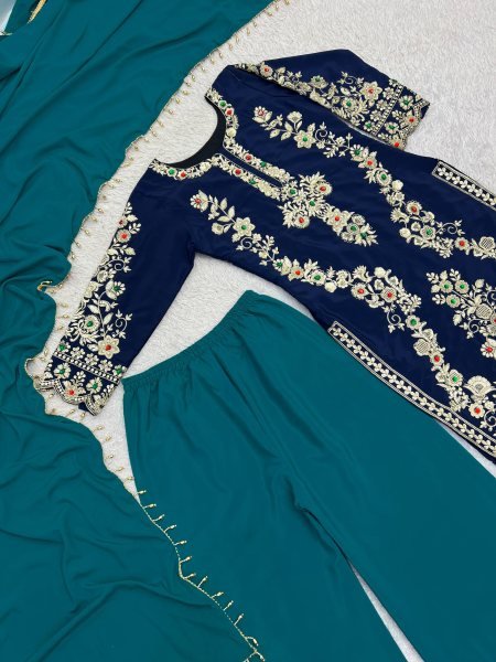 Magnetic Blue Natural Crepe Silk Kurti Plazzo Dupatta Set with Cutwork at Wholesale Rate Ready To Wear Collection