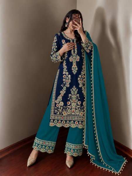 Magnetic Blue Natural Crepe Silk Kurti Plazzo Dupatta Set with Cutwork at Wholesale Rate Ready To Wear Collection