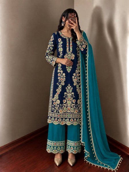 Magnetic Blue Natural Crepe Silk Kurti Plazzo Dupatta Set with Cutwork at Wholesale Rate Ready To Wear Collection