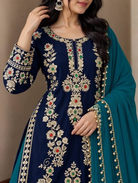 Magnetic Blue Natural Crepe Silk Kurti Plazzo Dupatta Set with Cutwork at Wholesale Rate Ready To Wear Collection