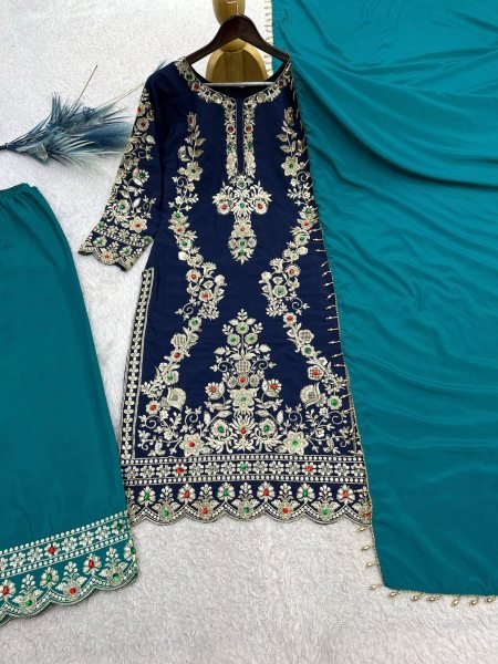 Magnetic Blue Natural Crepe Silk Kurti Plazzo Dupatta Set with Cutwork at Wholesale Rate Ready To Wear Collection