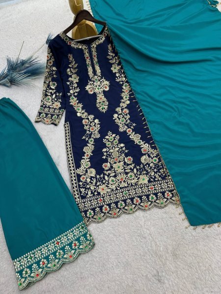 Magnetic Blue Natural Crepe Silk Kurti Plazzo Dupatta Set with Cutwork at Wholesale Rate Ready To Wear Collection