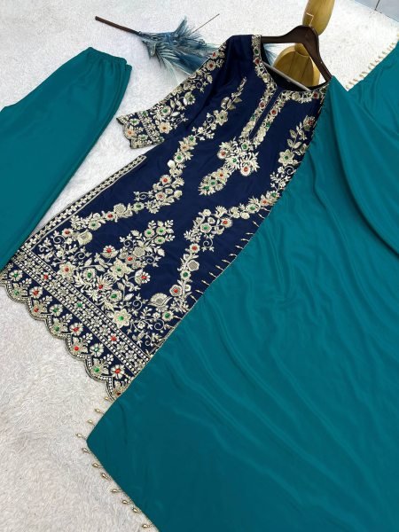 Magnetic Blue Natural Crepe Silk Kurti Plazzo Dupatta Set with Cutwork at Wholesale Rate Ready To Wear Collection