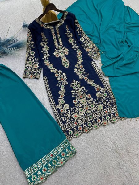 Magnetic Blue Natural Crepe Silk Kurti Plazzo Dupatta Set with Cutwork at Wholesale Rate Ready To Wear Collection
