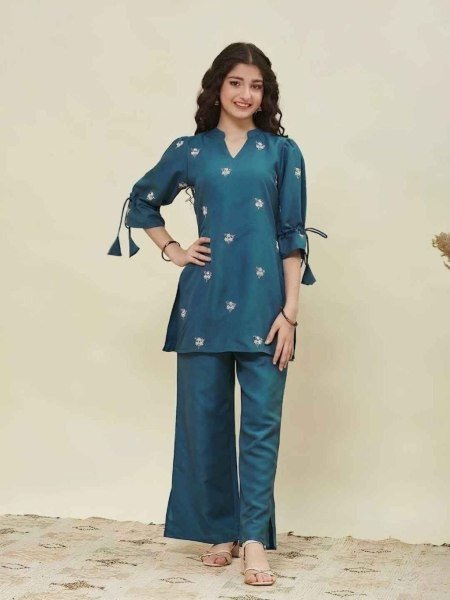 Magnetic Blue Premium Girls Ethnic Outfit in Cotton Blend Fabric for Traditional Occasions Kurtis