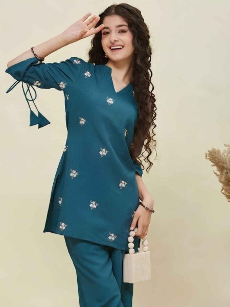 Magnetic Blue Premium Girls Ethnic Outfit in Cotton Blend Fabric for Traditional Occasions Girls Wear