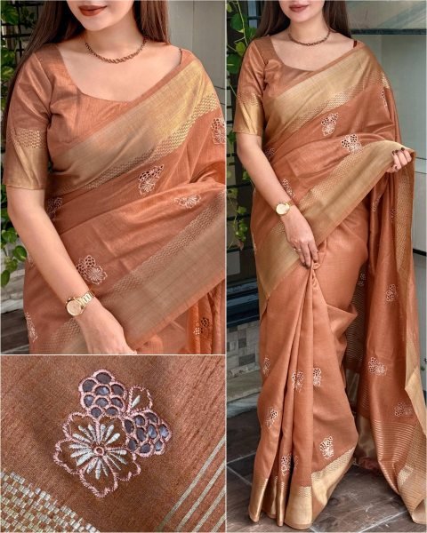 Magnetic Brown Assam Silk Saree with Zari Jacquard Border and Thread Embroidery Work Silk Sarees Wholesale