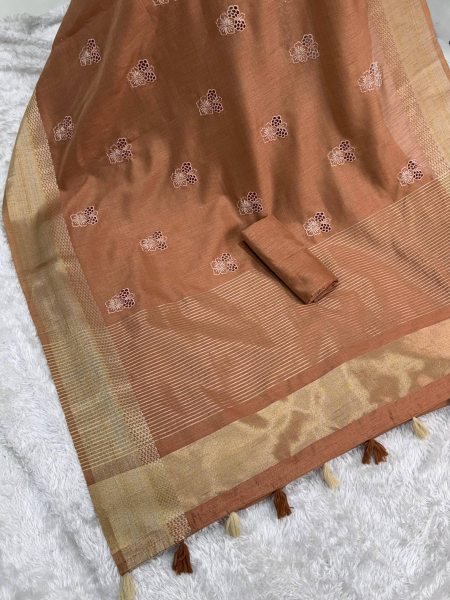 Magnetic Brown Assam Silk Saree with Zari Jacquard Border and Thread Embroidery Work Silk Sarees Wholesale