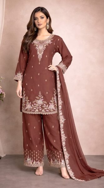 Magnetic Brown Embroidered Palazzo Set for Weddings and Celebrations Designer Plazzo Salwar Suits Wholesale