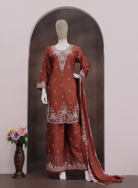 Magnetic Brown Embroidered Palazzo Set for Weddings and Celebrations Designer Plazzo Salwar Suits Wholesale
