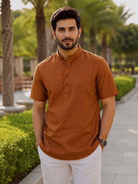 Magnetic Brown Half Sleeve Khadi Linen Kurta for Men with Comfortable Regular Fit 