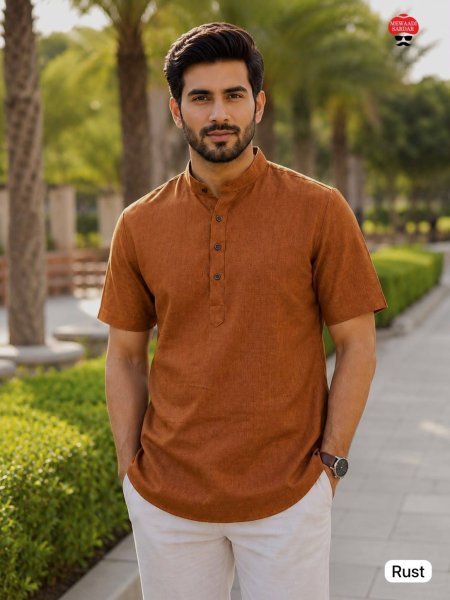 Magnetic Brown Half Sleeve Khadi Linen Kurta for Men with Comfortable Regular Fit Mens Shirt