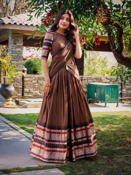 Magnetic Brown Pure Chanderi Lehenga Choli with Zari Weaving Border and Dupatta 