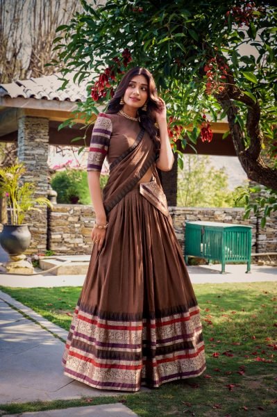 Magnetic Brown Pure Chanderi Lehenga Choli with Zari Weaving Border and Dupatta Half Saree Lehenga