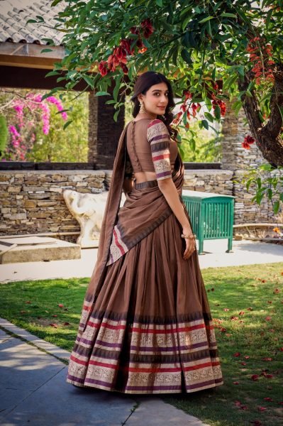 Magnetic Brown Pure Chanderi Lehenga Choli with Zari Weaving Border and Dupatta Half Saree Lehenga