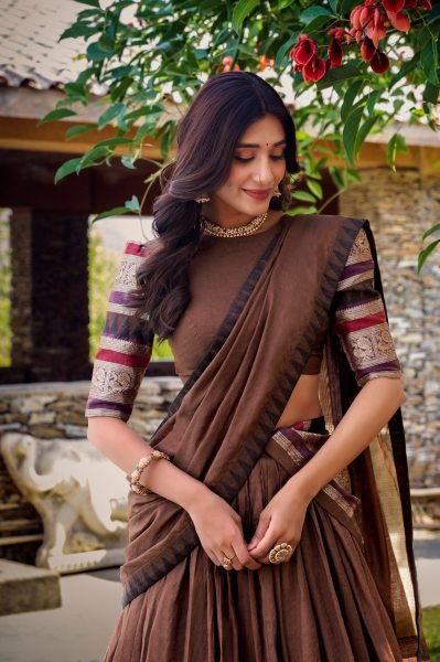 Magnetic Brown Pure Chanderi Lehenga Choli with Zari Weaving Border and Dupatta Half Saree Lehenga