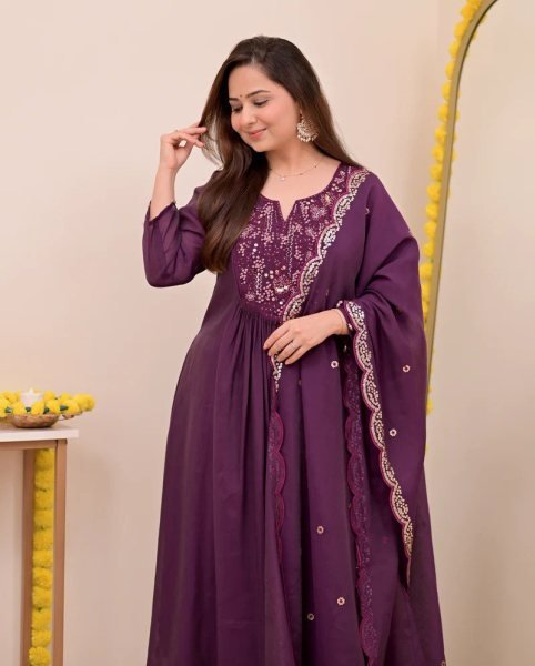 Magnetic Chanderi Silk round Kurti Set with Embroidery work for Wholesaler  Embroidery Kurtis 