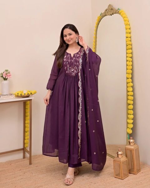 Magnetic Chanderi Silk round Kurti Set with Embroidery work for Wholesaler  Embroidery Kurtis 