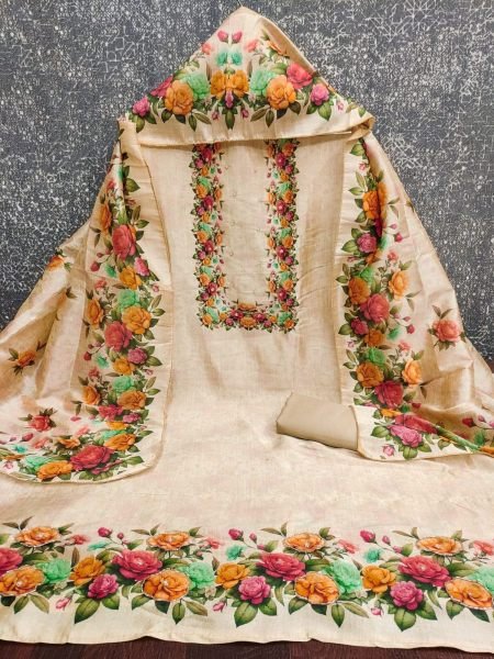 Magnetic Cream Assam Silk Kurti Pant Dupatta Set with Digital Print Dupatta 