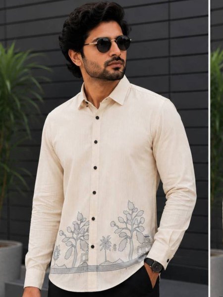 Magnetic Cream Designer Linen Kurta for Men with Elegant Traditional Styling 