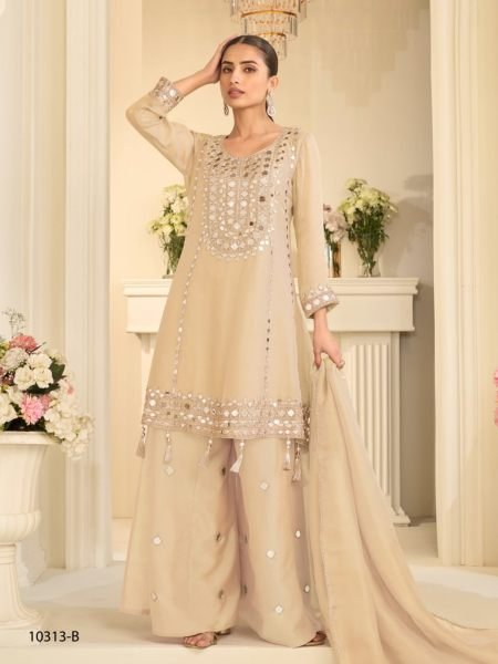 Magnetic Cream Heavy Simar Silk Mirror Work Kurti Palazzo Dupatta Collection Salwar Kameez