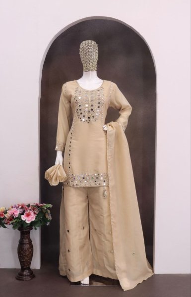 Magnetic Cream Heavy Simar Silk Mirror Work Kurti Palazzo Dupatta Collection Designer Plazzo Salwar Suits Wholesale