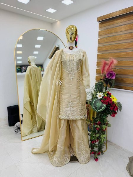 Magnetic Cream Jimi Cho Sharara Suit with Sequence Embroidery Work Ready To Wear Collection