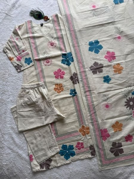 Magnetic Cream Khadi Cotton Suit Set with Multi Thread Hand Work At Lowest Price Cotton Kurtis Wholesale