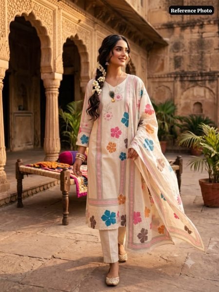 Magnetic Cream Khadi Cotton Suit Set with Multi Thread Hand Work At Lowest Price Cotton Kurtis Wholesale