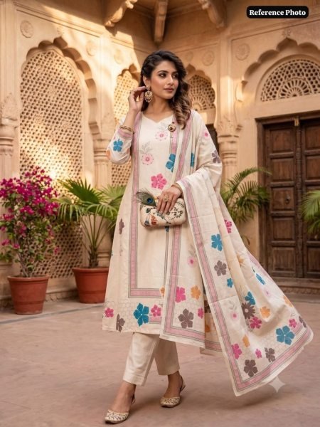Magnetic Cream Khadi Cotton Suit Set with Multi Thread Hand Work At Lowest Price Cotton Kurtis Wholesale