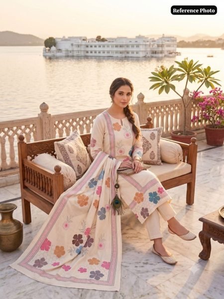 Magnetic Cream Khadi Cotton Suit Set with Multi Thread Hand Work At Lowest Price Cotton Kurtis Wholesale