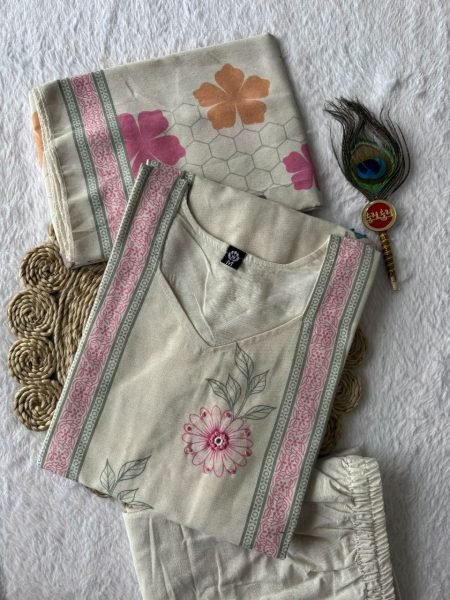 Magnetic Cream Khadi Cotton Suit Set with Multi Thread Hand Work At Lowest Price Cotton Kurtis Wholesale
