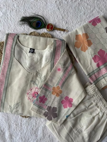 Magnetic Cream Khadi Cotton Suit Set with Multi Thread Hand Work At Lowest Price Cotton Kurtis Wholesale