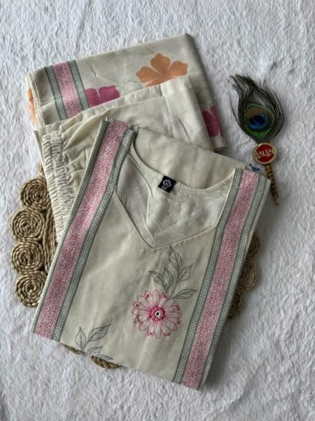 Magnetic Cream Khadi Cotton Suit Set with Multi Thread Hand Work At Lowest Price Cotton Kurtis Wholesale