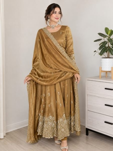 Magnetic Golden Brown Designer Jimmy Choo Anarkali Suit with Pant and Dupatta Ready To Wear Suit