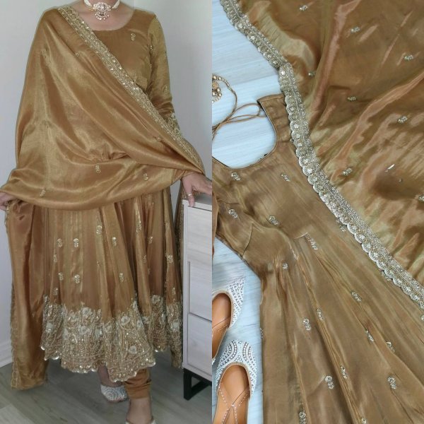 Magnetic Golden Brown Designer Jimmy Choo Anarkali Suit with Pant and Dupatta Ready To Wear Collection