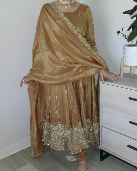 Magnetic Golden Brown Designer Jimmy Choo Anarkali Suit with Pant and Dupatta Ready To Wear Collection