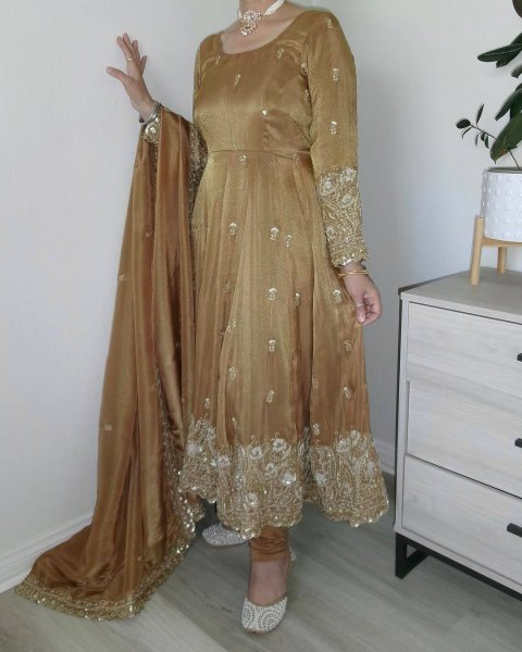 Magnetic Golden Brown Designer Jimmy Choo Anarkali Suit with Pant and Dupatta Ready To Wear Collection