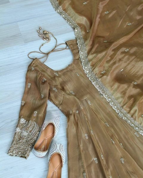Magnetic Golden Brown Designer Jimmy Choo Anarkali Suit with Pant and Dupatta Ready To Wear Collection