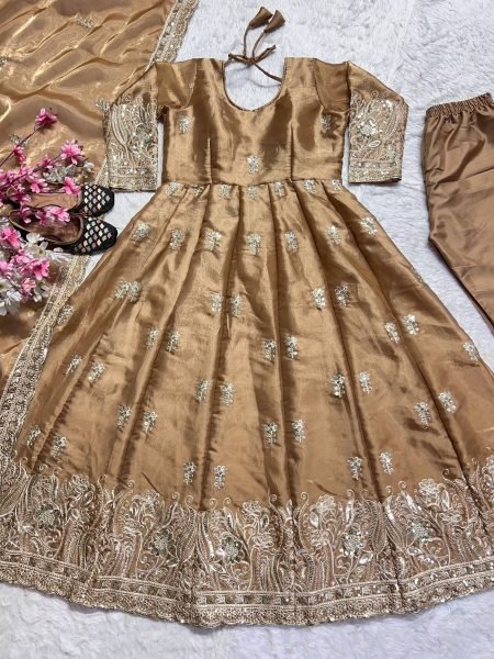 Magnetic Golden Brown Designer Jimmy Choo Anarkali Suit with Pant and Dupatta Ready To Wear Collection